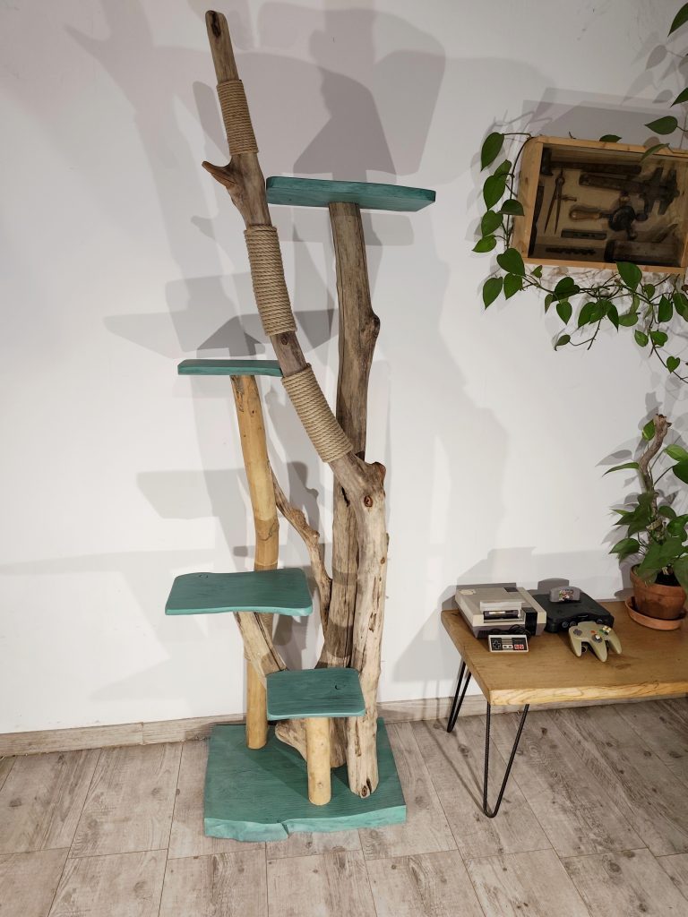 Arbre a chat en bois flotte, avec des plateaux de couleurs bleu